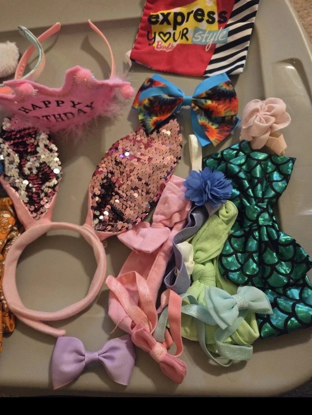 Lot huge bundle of hair accessories headbands & bows birthday crown & barbiebag